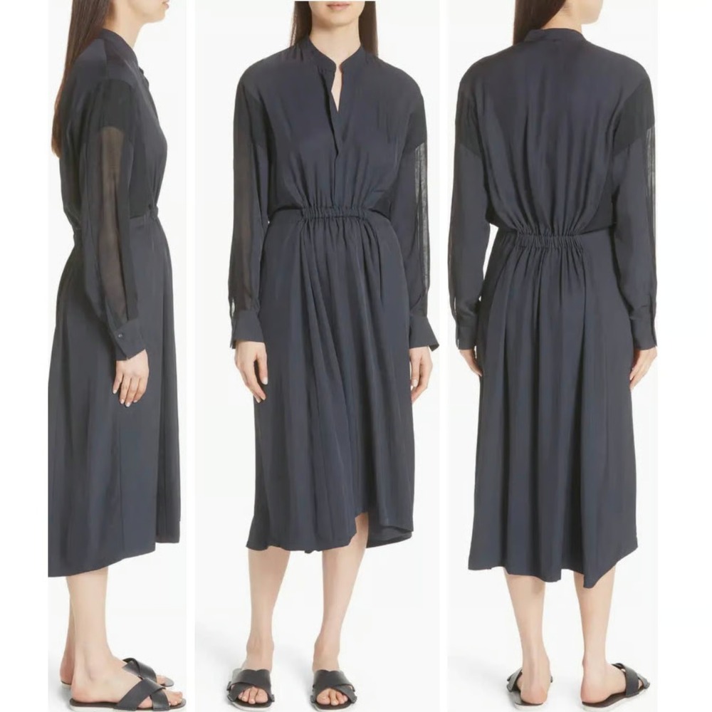 VINCE‎ Navy Blue Silk Paneled Mixed Media Midi Dress Womens Small Cinched Waist